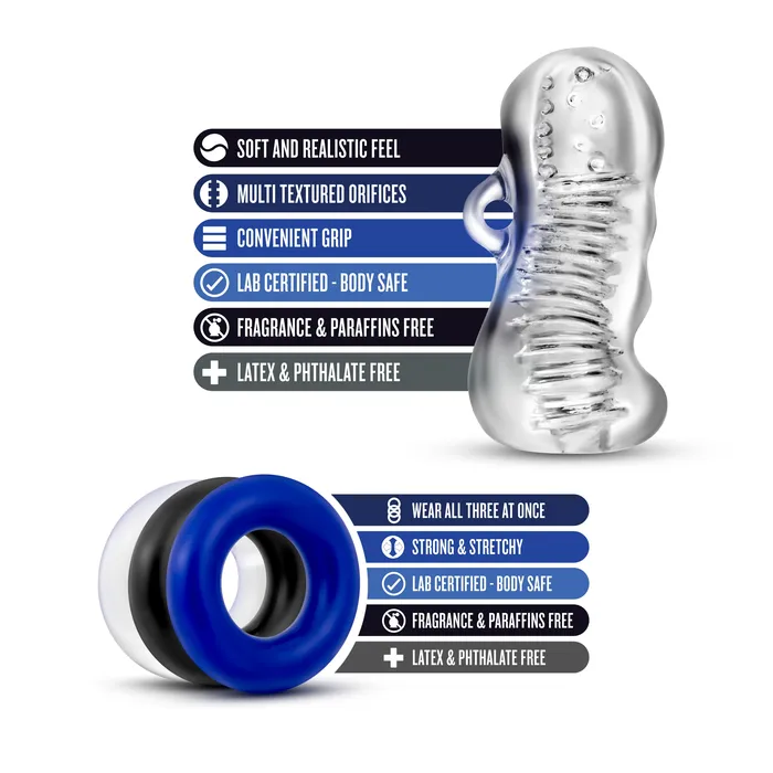 Male Sex Toys Blush Novelties Quickie Kit Stroking Fun with Hand Tool and Stay Hard Rings